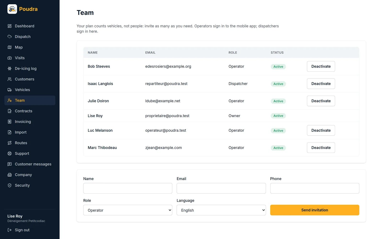 Team screen: members, their role and invitations