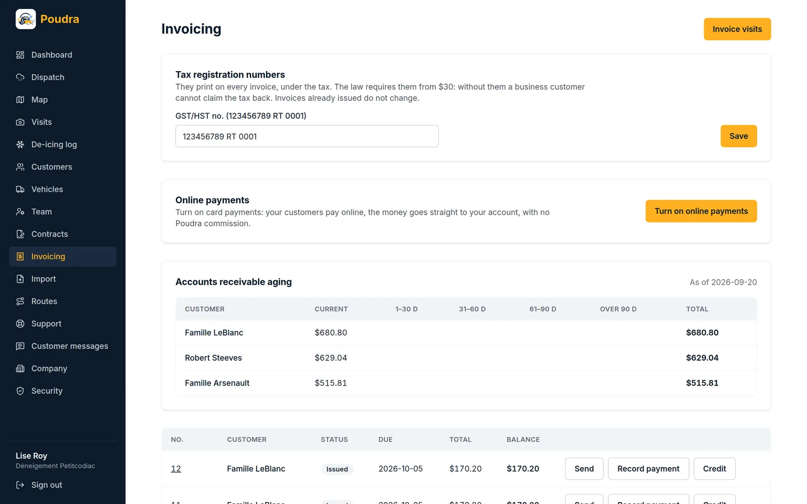 Billing screen: tax numbers, online payments, aged receivables and invoices