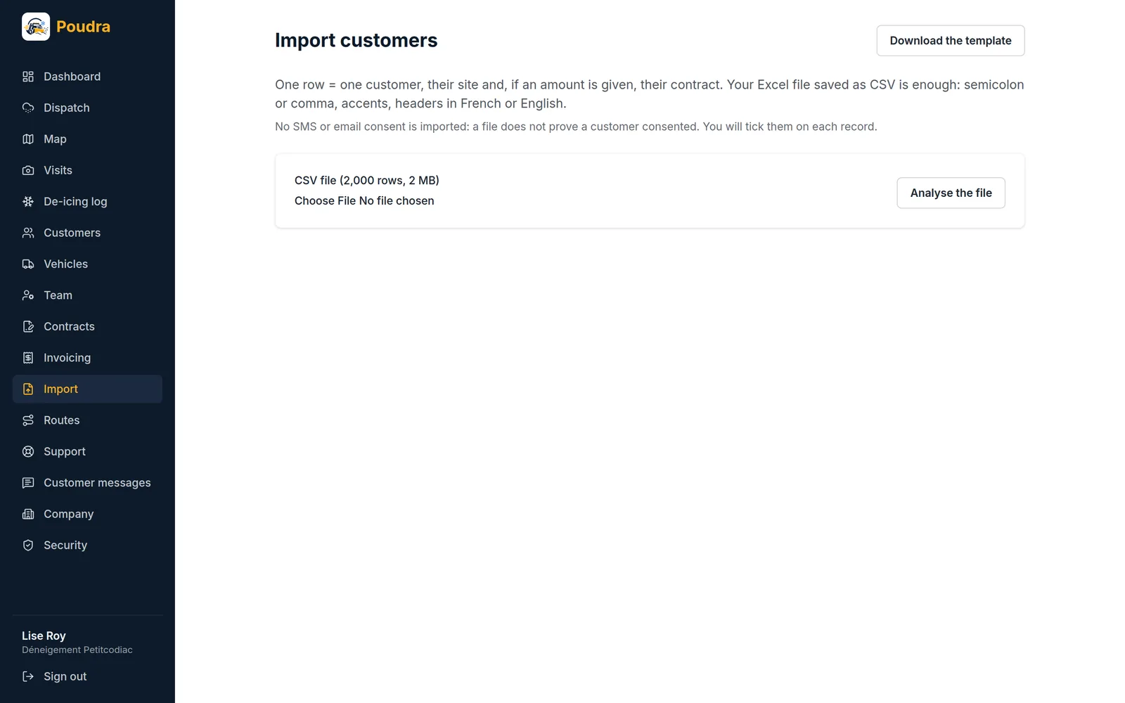 Import screen: uploading a CSV file of customers
