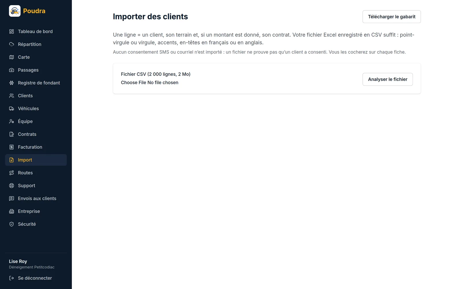 Écran Import : envoi d’un fichier CSV de clients