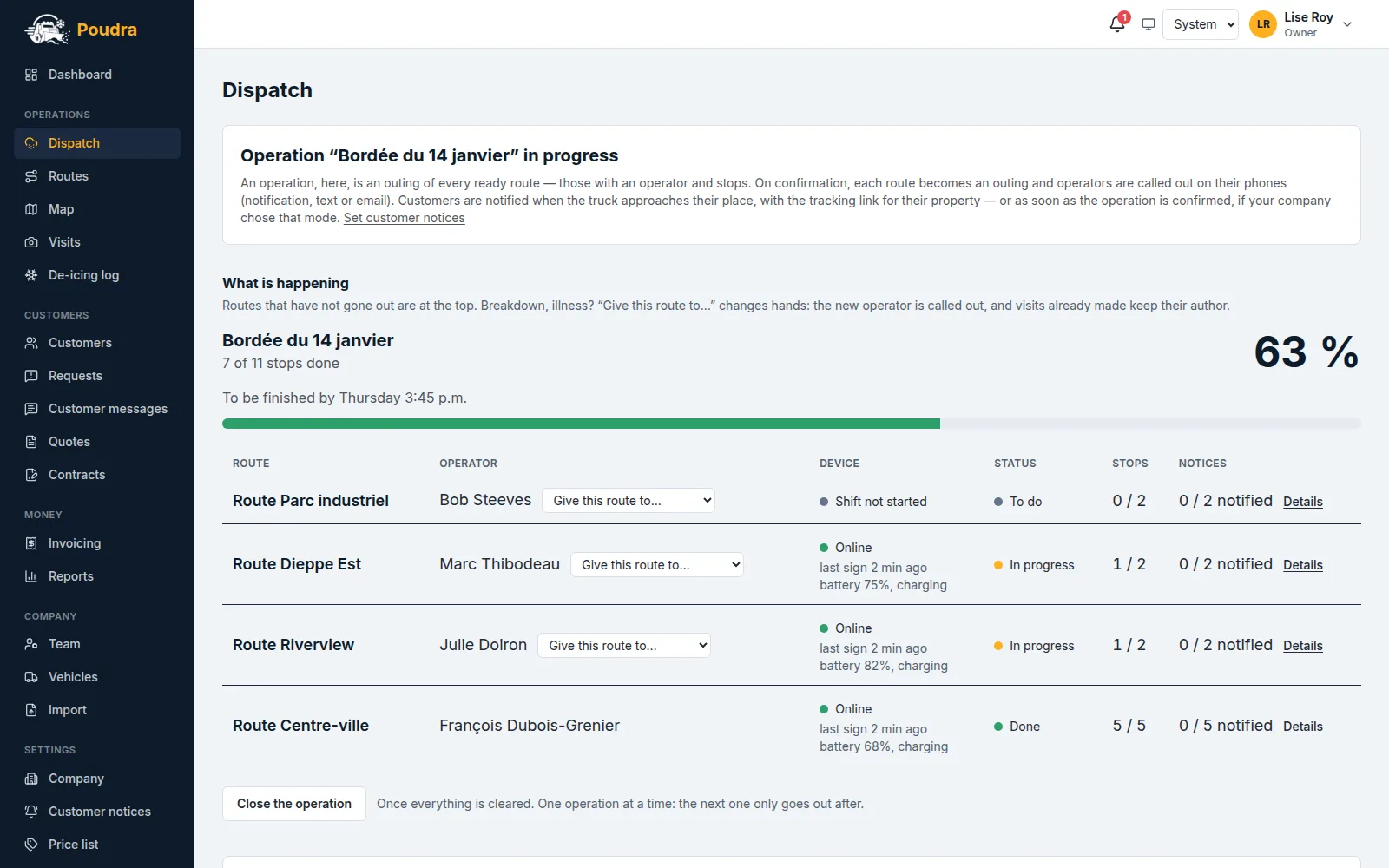Dispatch screen: an operation under way, four routes with their operator, status and stops done