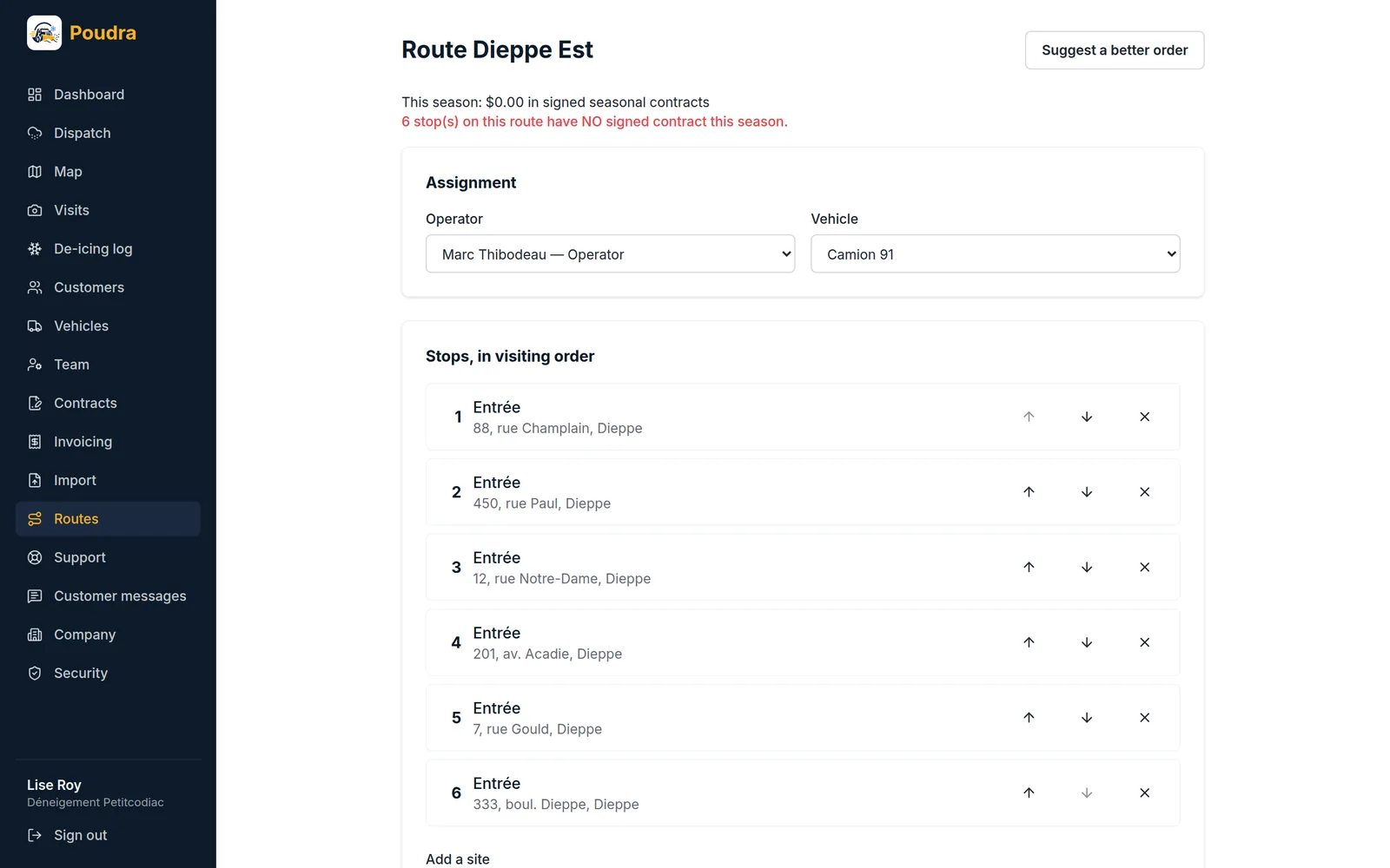A route screen: its operator, its vehicle and its stops in visiting order